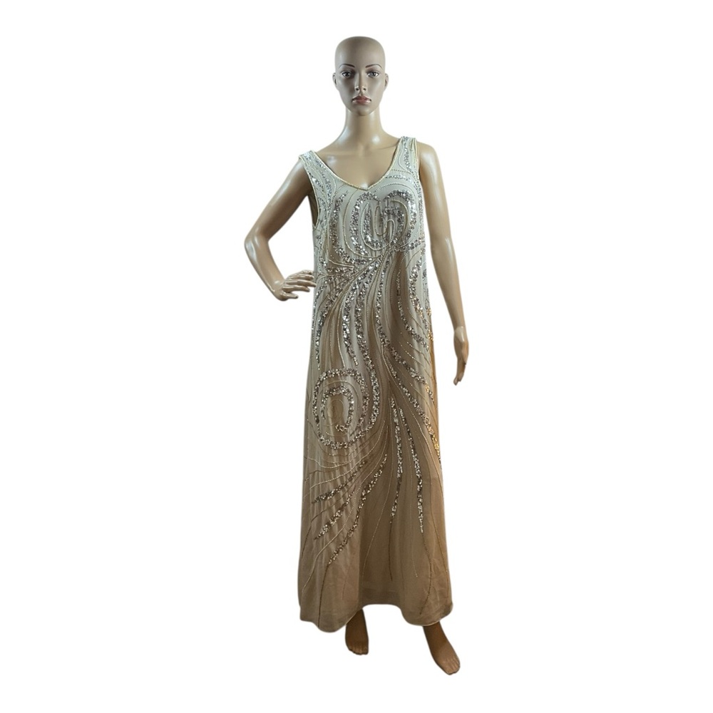 Midnight Velvet Women’s Beige Beaded evening Gown &Jacket formal Dress Size M